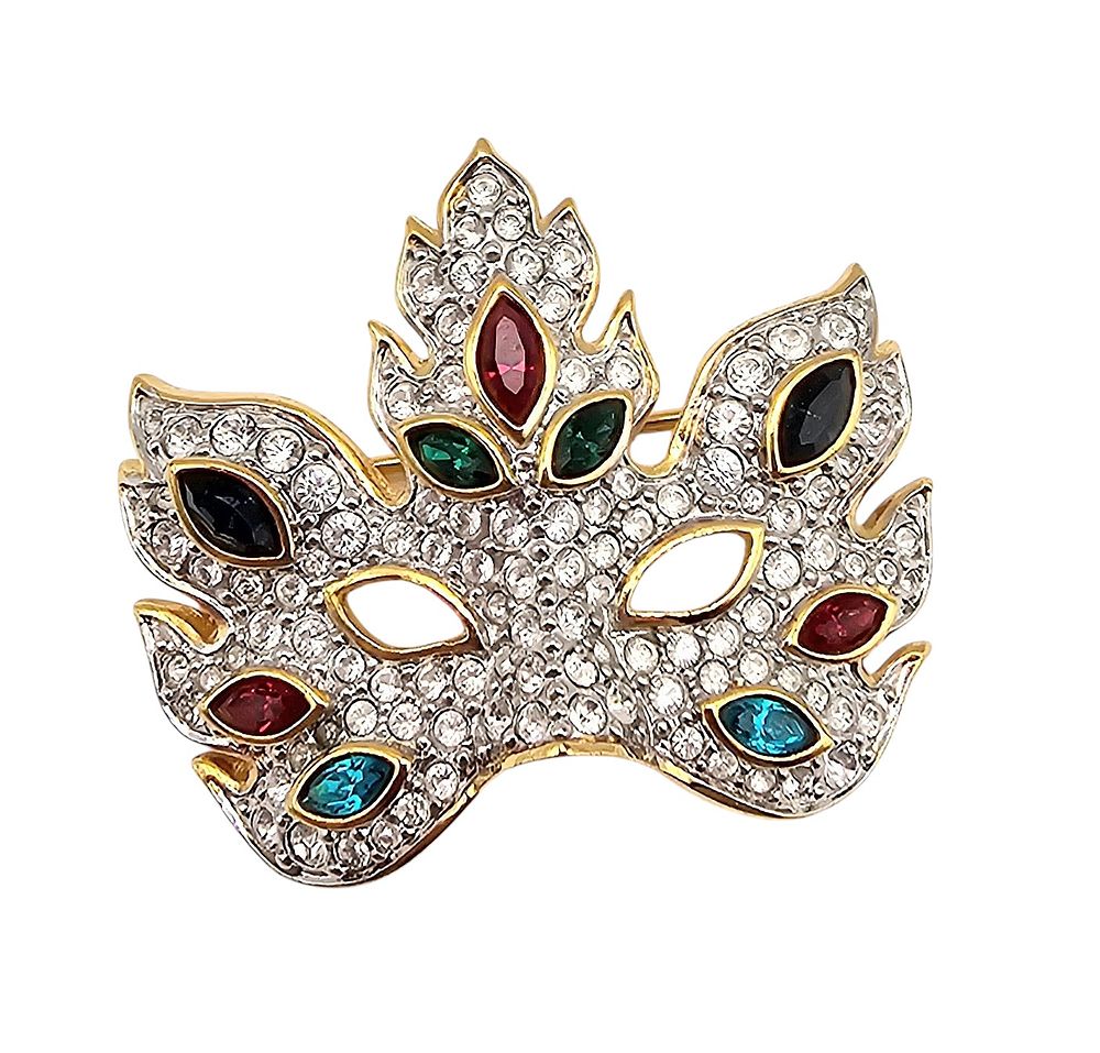 Lot 598: Swarovski Crystal Gold Tone Masquerade Mask Brooch