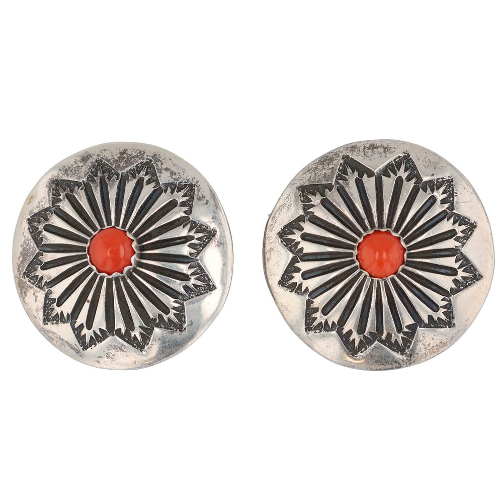 Lot 347: Vintage Navajo Sterling Coral Disk Clip Earrings