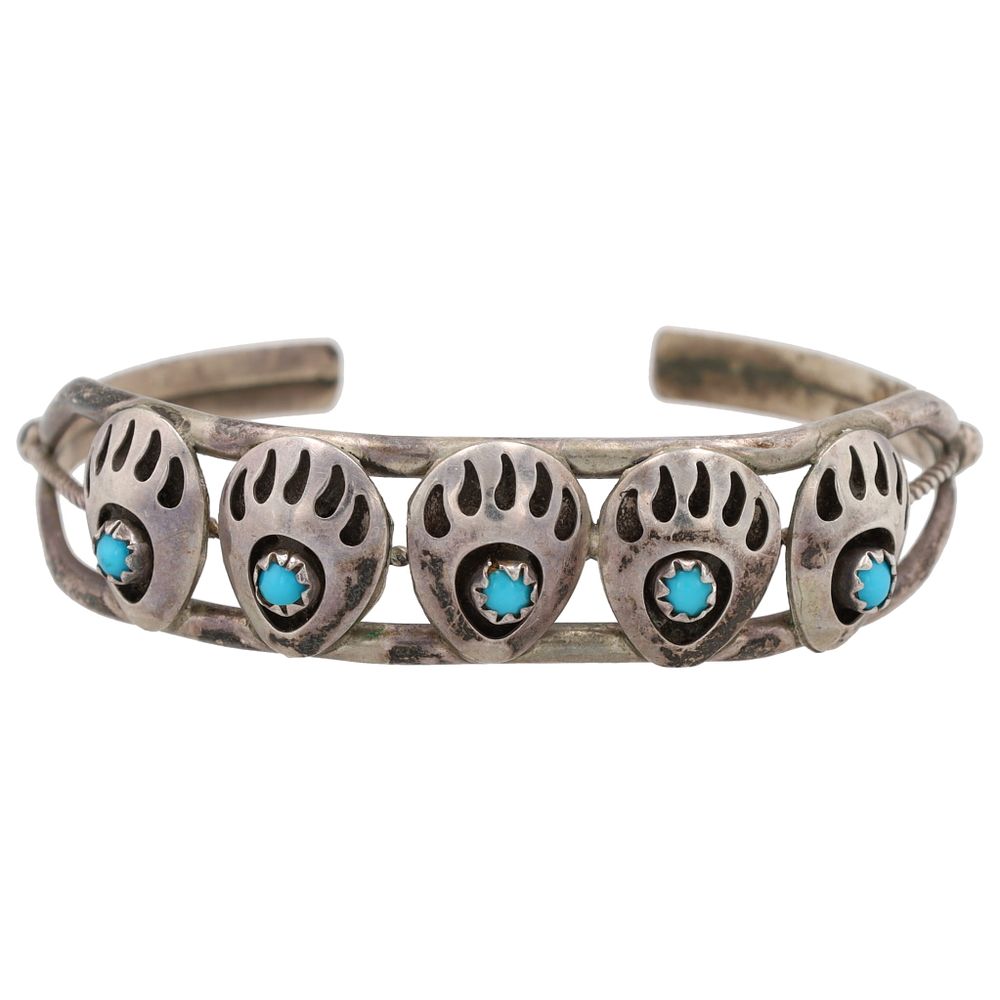 Lot 394: Vintage Navajo Sterling Turquoise Bear Paw Shadow Box Cuff Bracelet