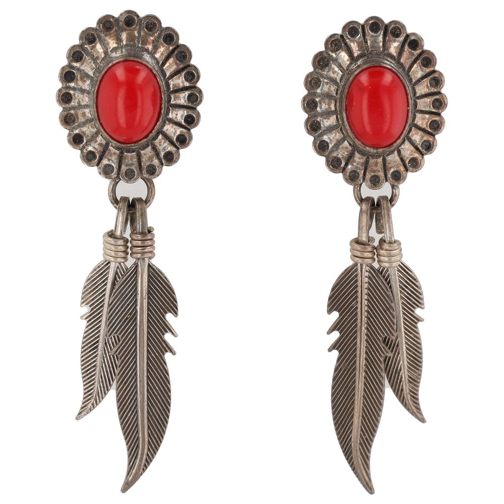 Lot 397: Vintage Navajo Sterling Coral Concho Dangle Earrings