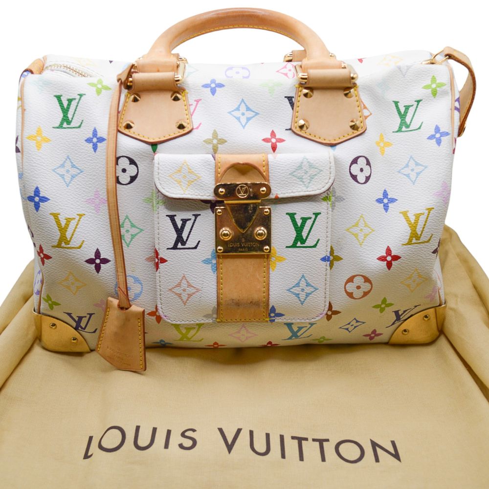 Lot 427: Authentic Louis Vuitton White Multicolor Monogram Speedy 30 Bag