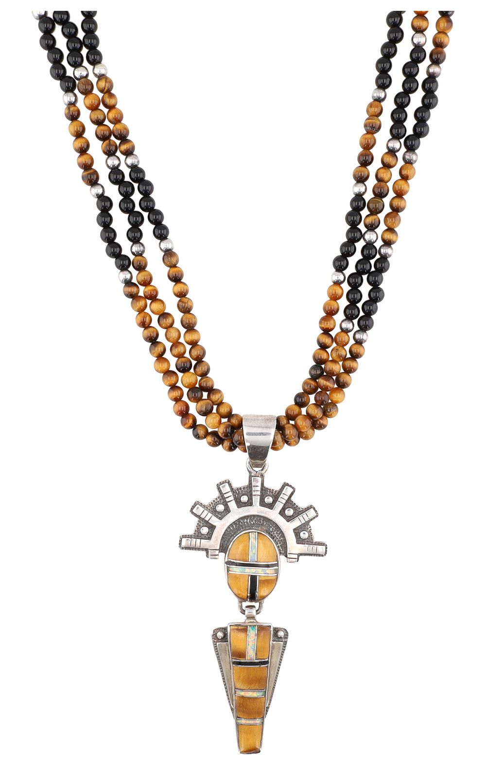 Lot 251: Signed 'JW' Navajo Sterling Tigers Eye Inlay Kachina Bead Necklace