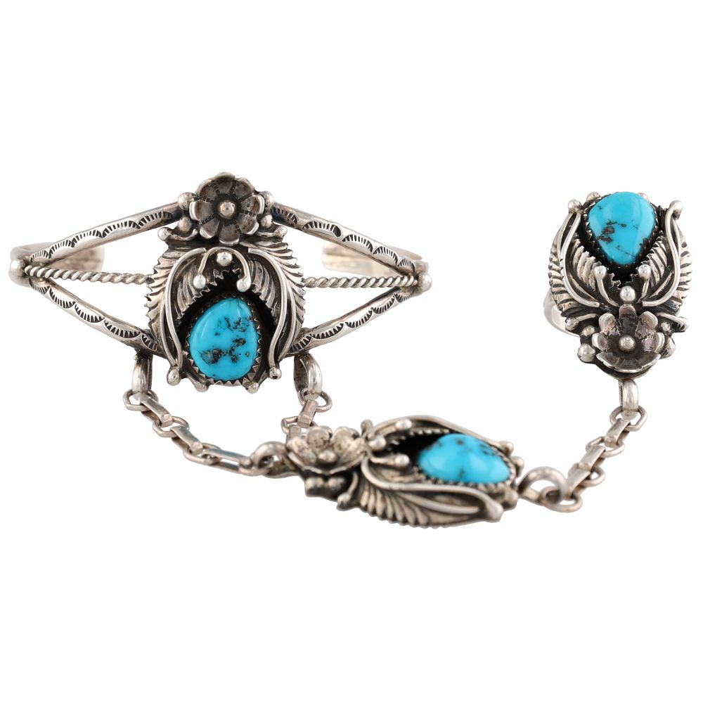 Lot 290: Vintage Navajo Sterling Turquoise 'Slave' Ring-Cuff Bracelet