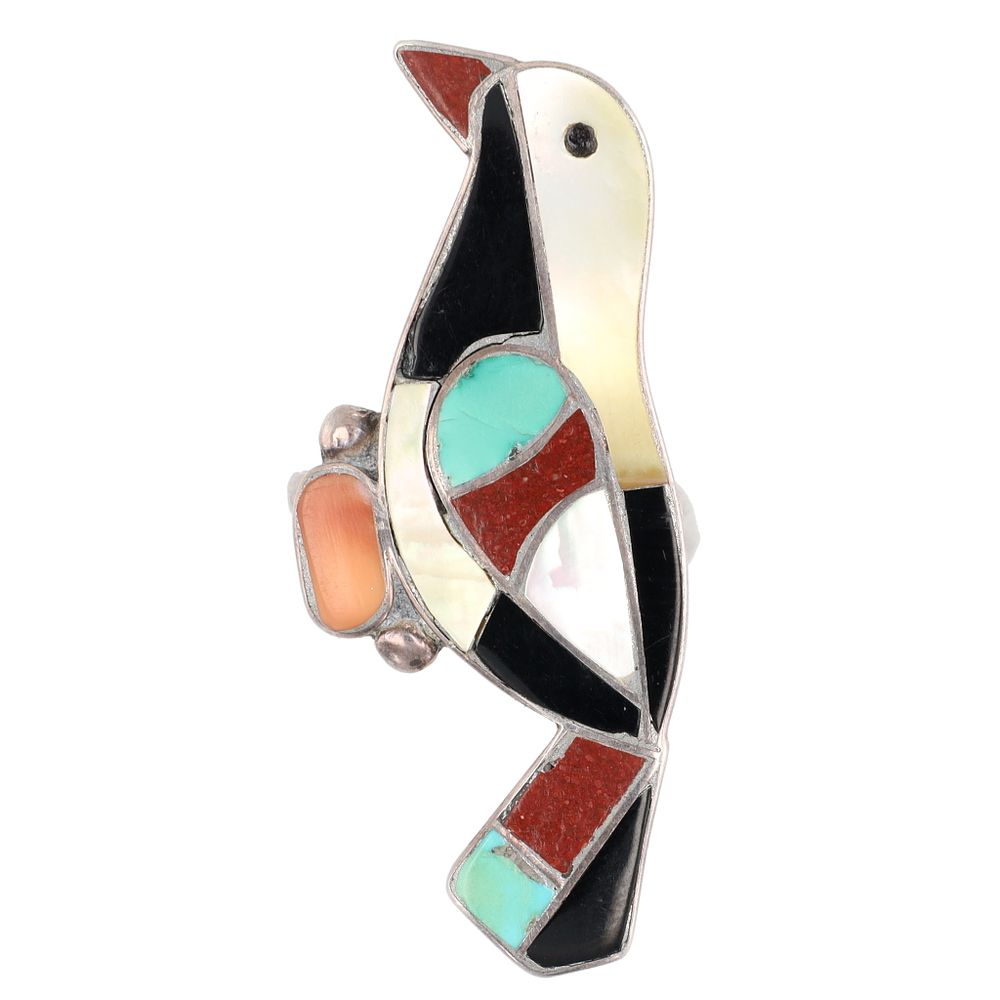 Lot 320: Signed AC Zuni Sterling Inlay Bird Ring Sz 9.75