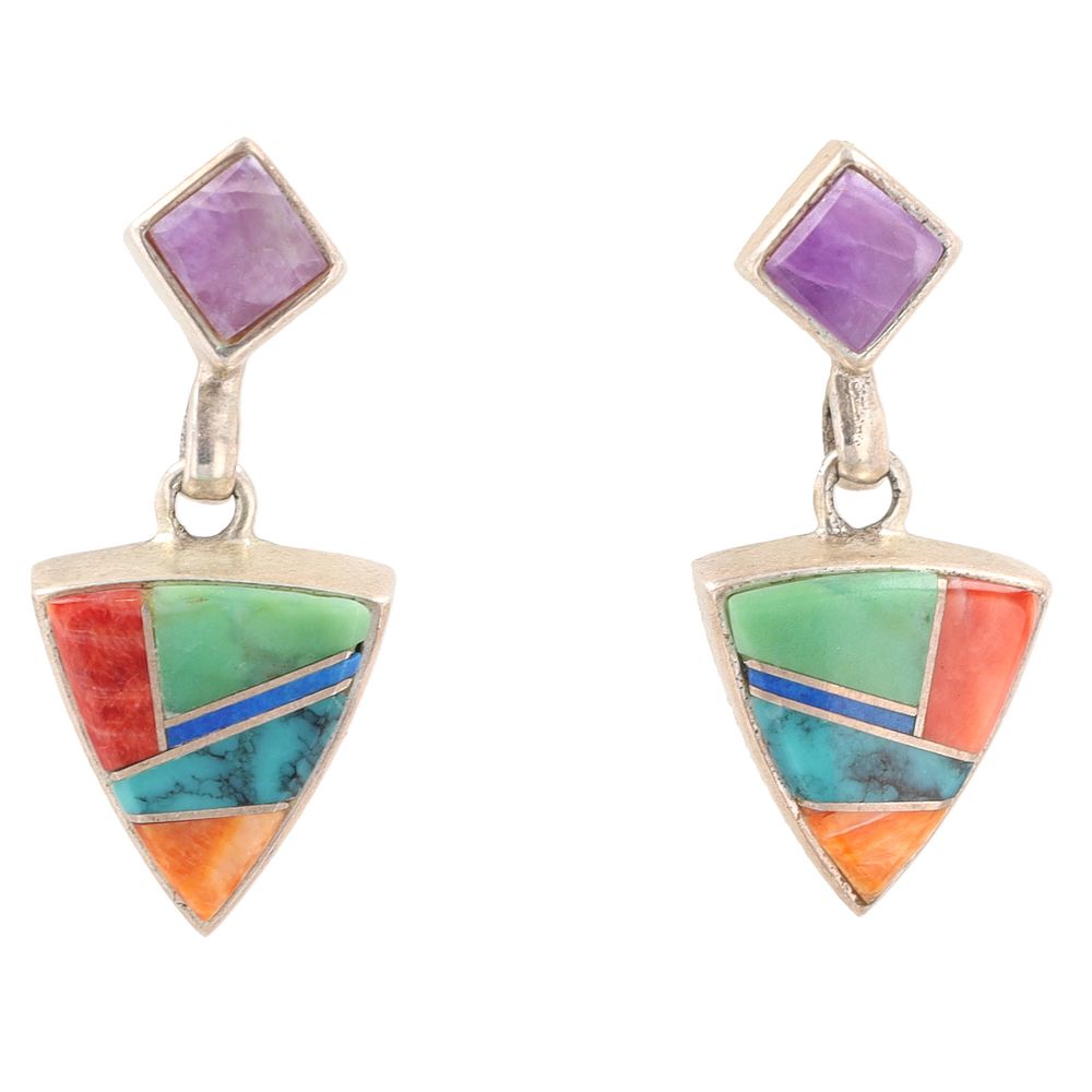 Lot 335: Signed AMP Navajo & Touch of Santa Fe Sterling Inlay Earrings