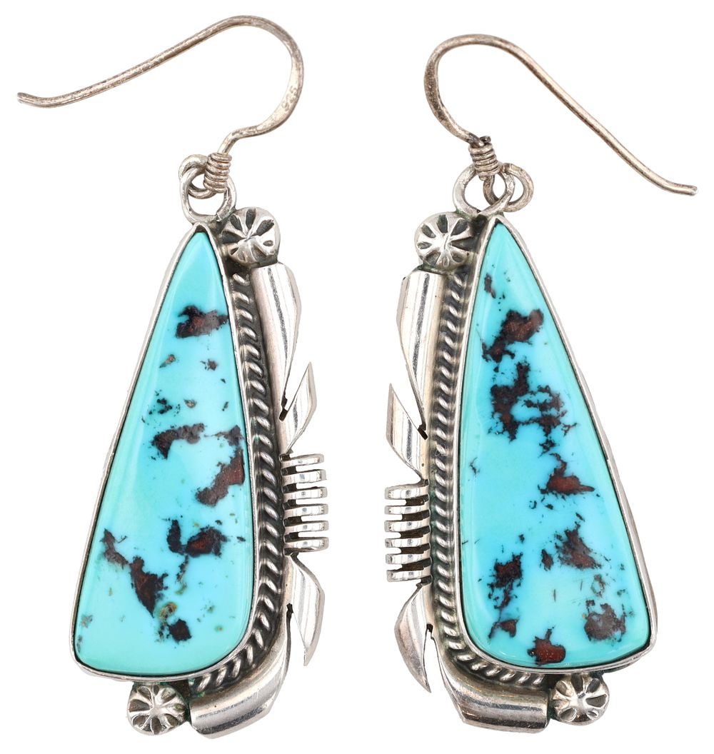 Lot 339: Signed 'NT' Large Sterling Tooled Turquoise Earrings