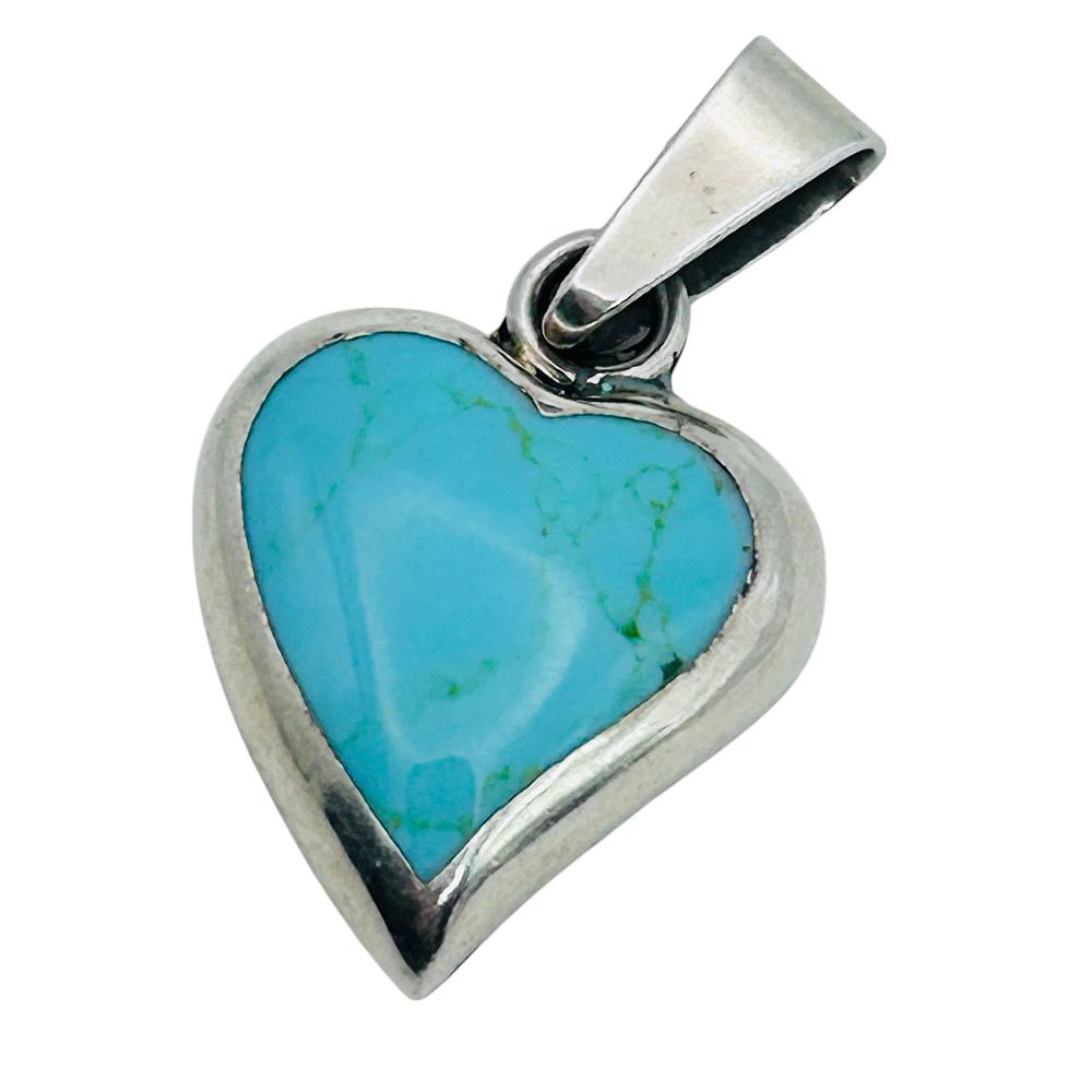Lot 166: Mexico, Turquoise Sterling Silver Heart Pendant 5.38 G