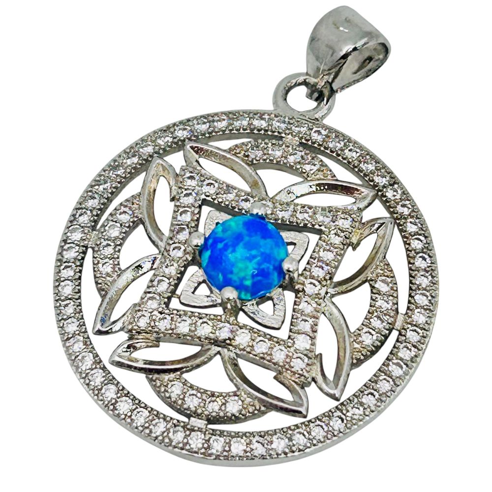 Lot 194: Opal Sterling Silver Round Medallion Pendant 2.59 G