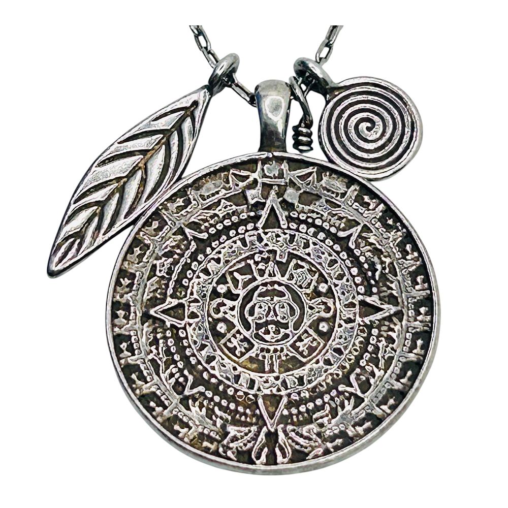 Lot 470: Aztec Calendar Sterling Silver Charm With Trace Chain Necklace. 6.83 G.