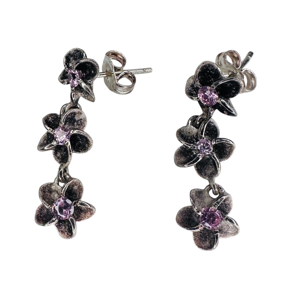 Lot 480: K Pink RHINESTONE Sterling Silver Flower Dangle Earrings. 2.88 G.