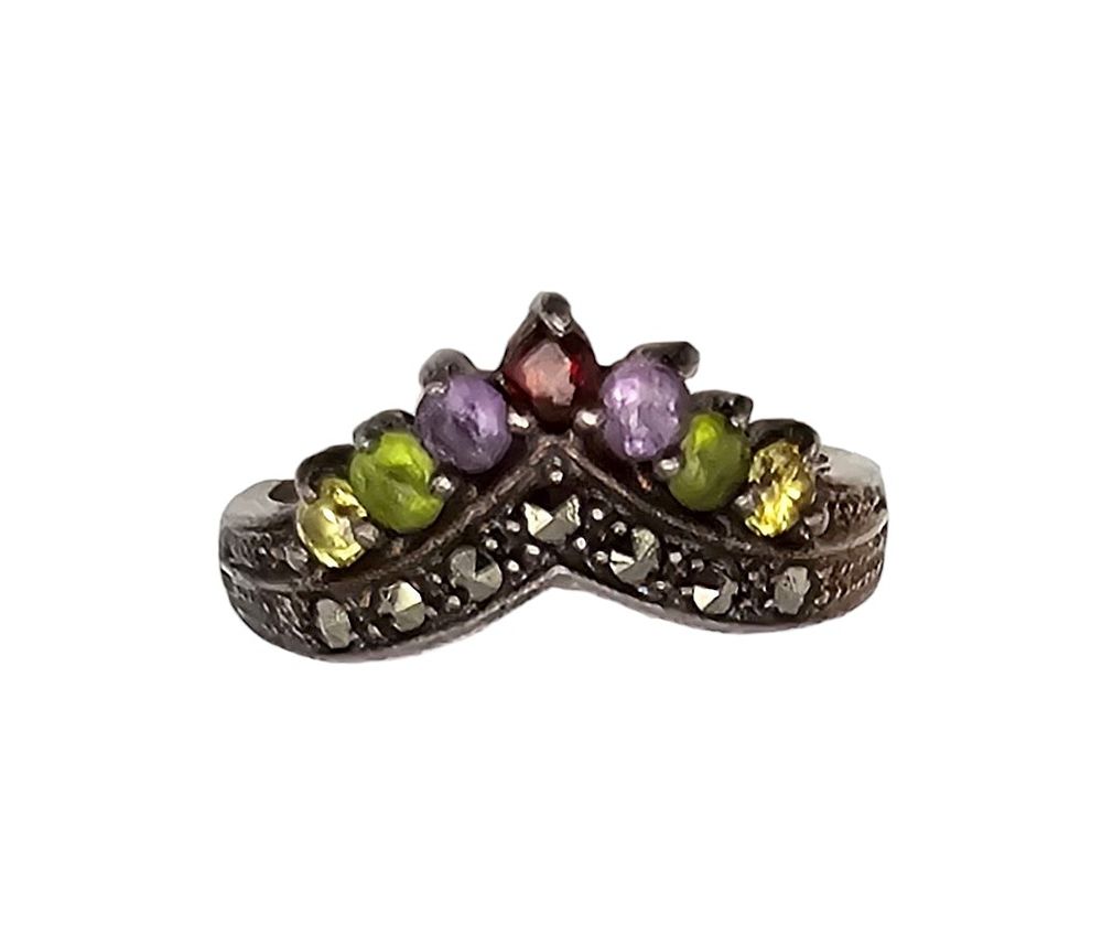 Lot 211: Multi Gemstone Sterling Silver Cocktail Ring Sz 5.5 3.2 G