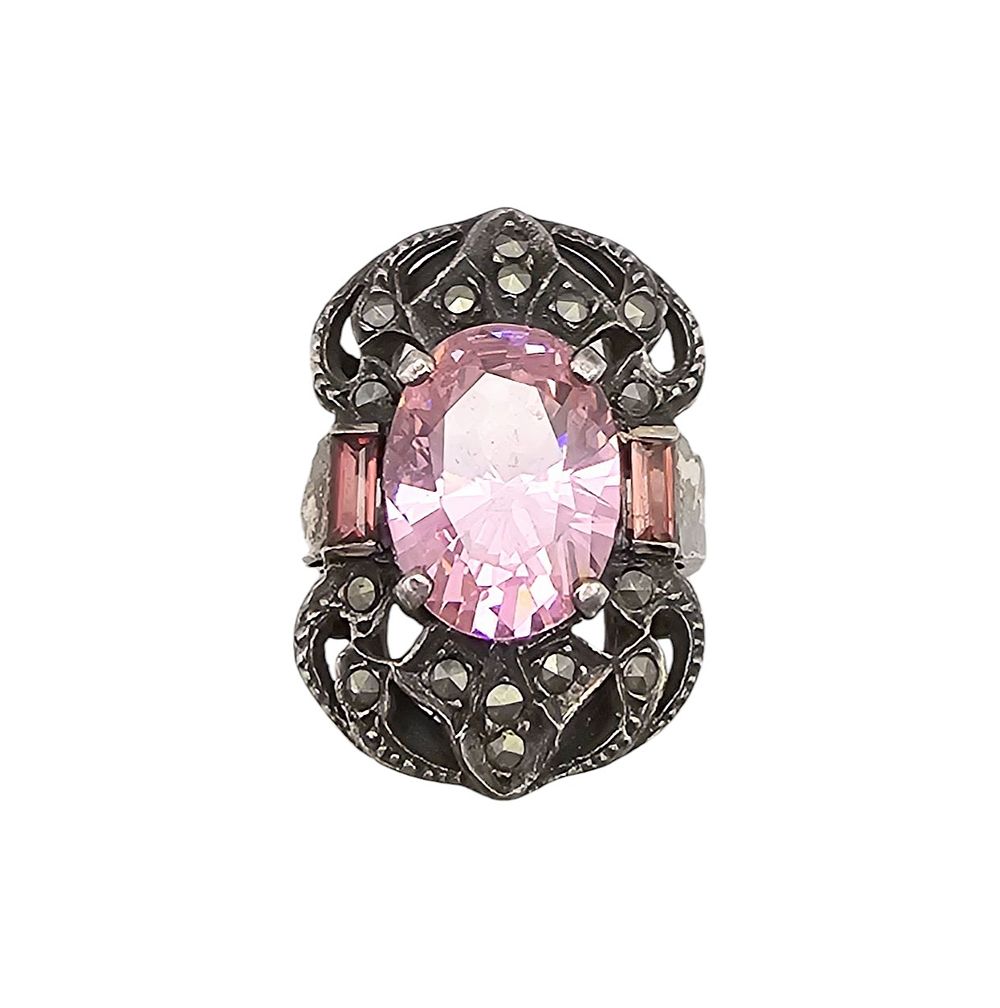 Lot 224: Rhinestone Marcasite Sterling Silver Cocktail Ring Sz 5.5 8.5 G