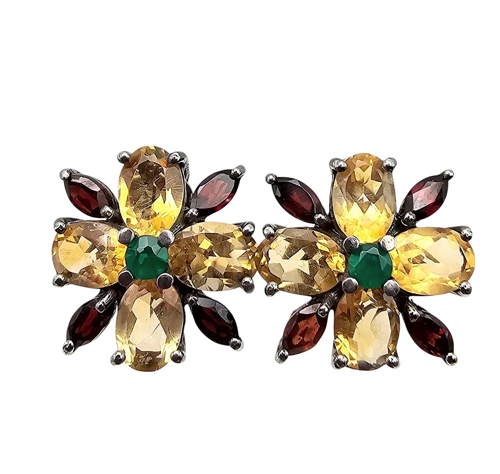 Lot 225: Multi Gemstone Sterling Silver Flower Earrings 5.1 G