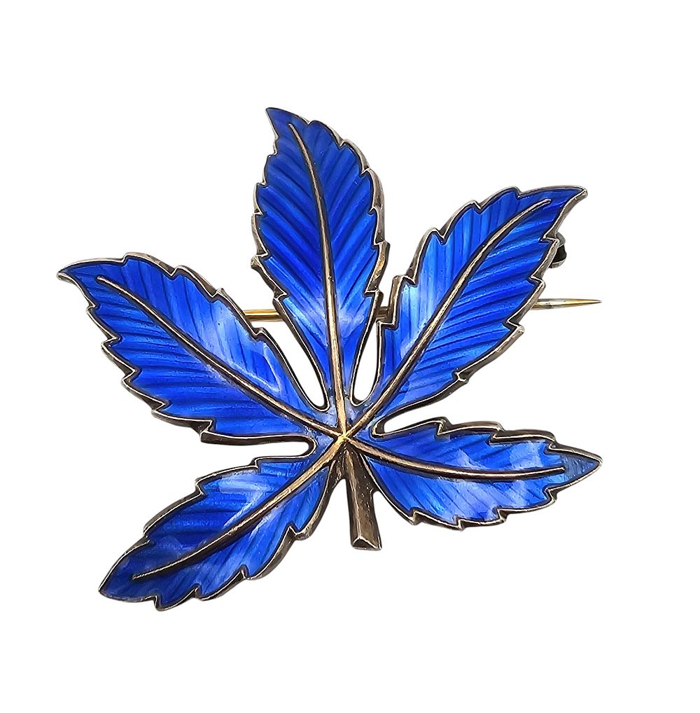 Lot 244: Norway Bernard Meldahl Guilloche Enamel Sterling Silver Blue Leaf Brooch 8.9 G