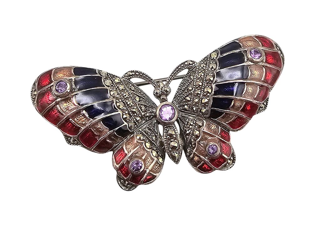 Lot 246: Signed Enamel Amethyst Marcasite Sterling Silver Butterfly Brooch 18.1 G