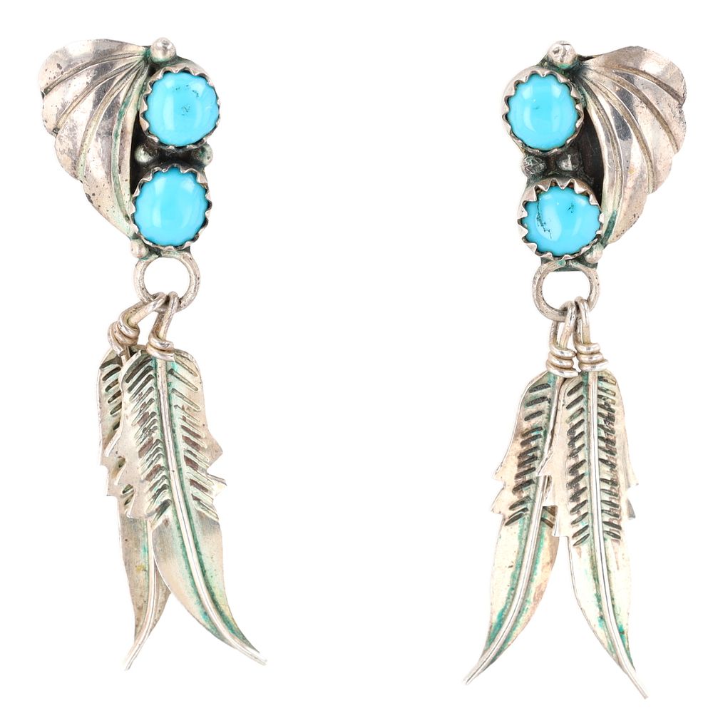 Lot 176: Navajo Sterling Turquoise Feather Dangle Earrings