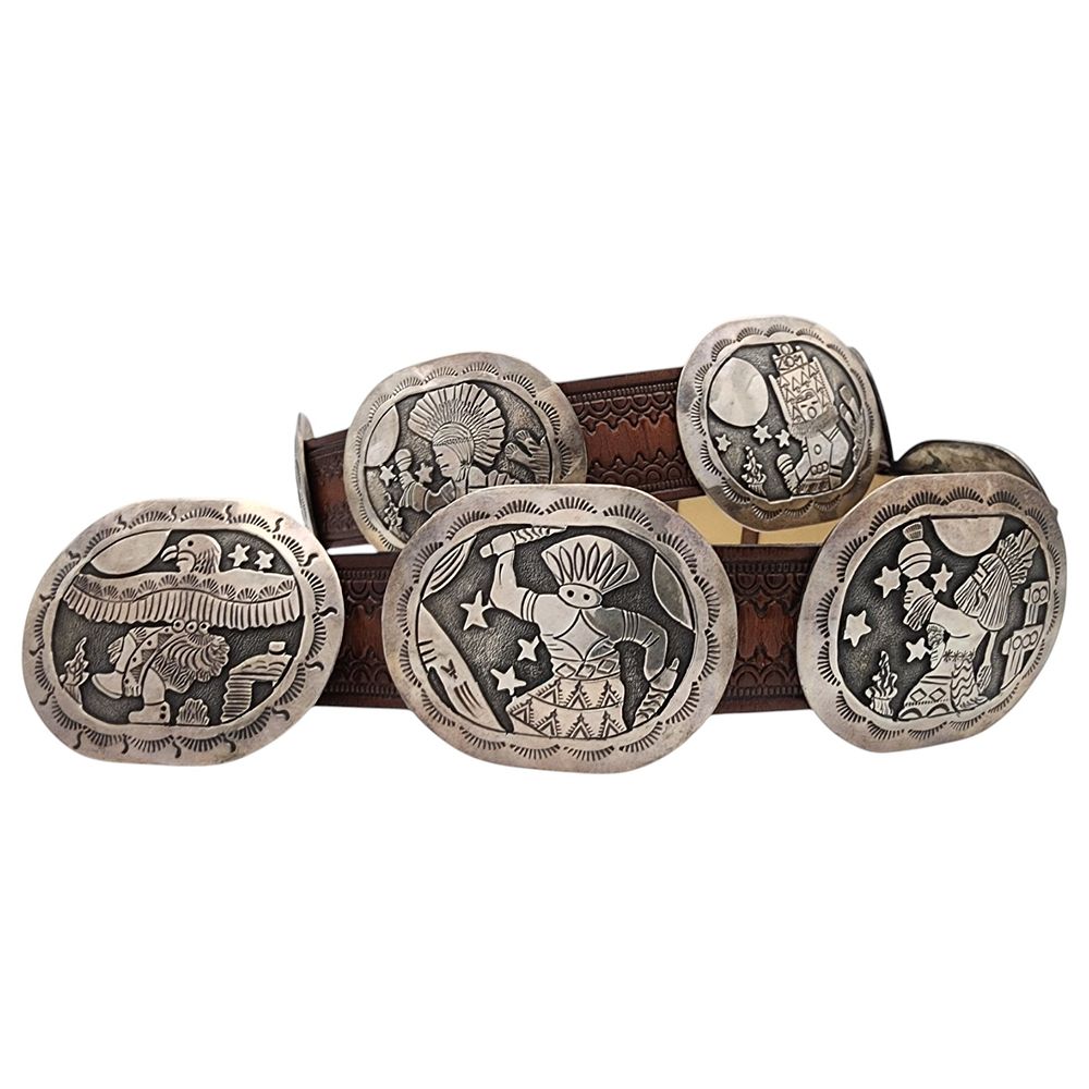 Lot 199: Floyd Becenti Jr. Navajo Sterling Native American Ritual Dancer Storyteller Concho Belt