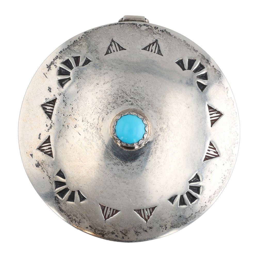 Lot 205: Elizabeth Margaret Whitman Navajo Sterling Turquoise Stamped Pill Box