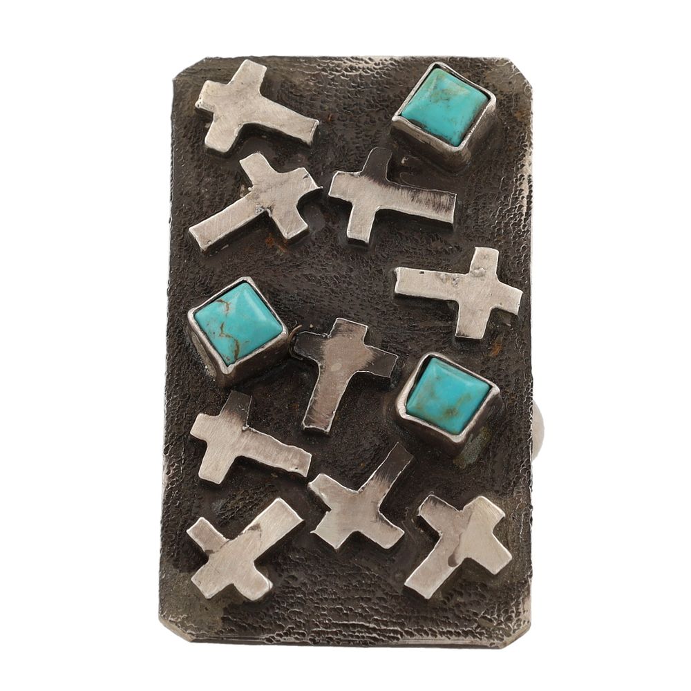 Lot 227: Scott Skeets Navajo Sterling Kingman Turquoise Cross Adjustable Ring