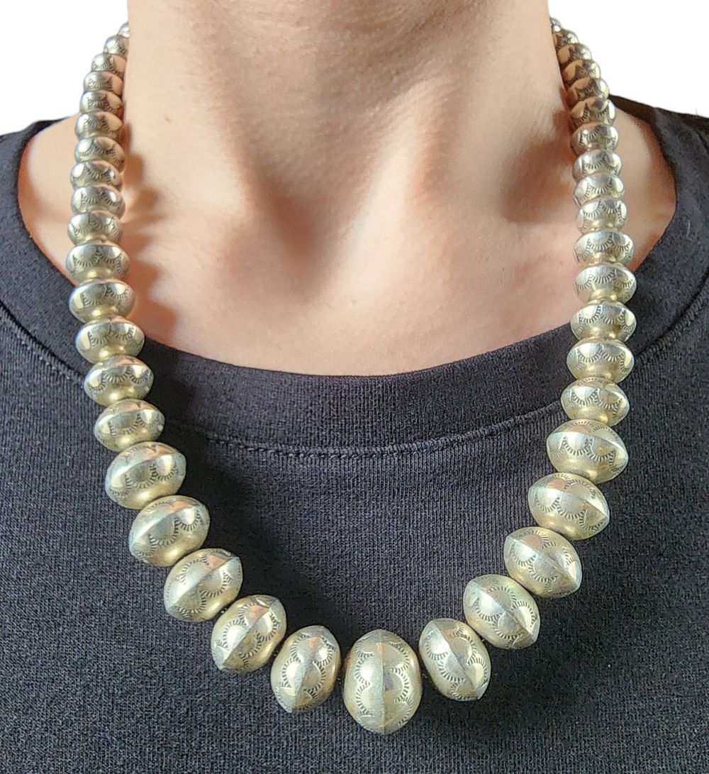 Lot 231: Vintage Navajo Sterling Hand Stamped Graduated Bead Necklace