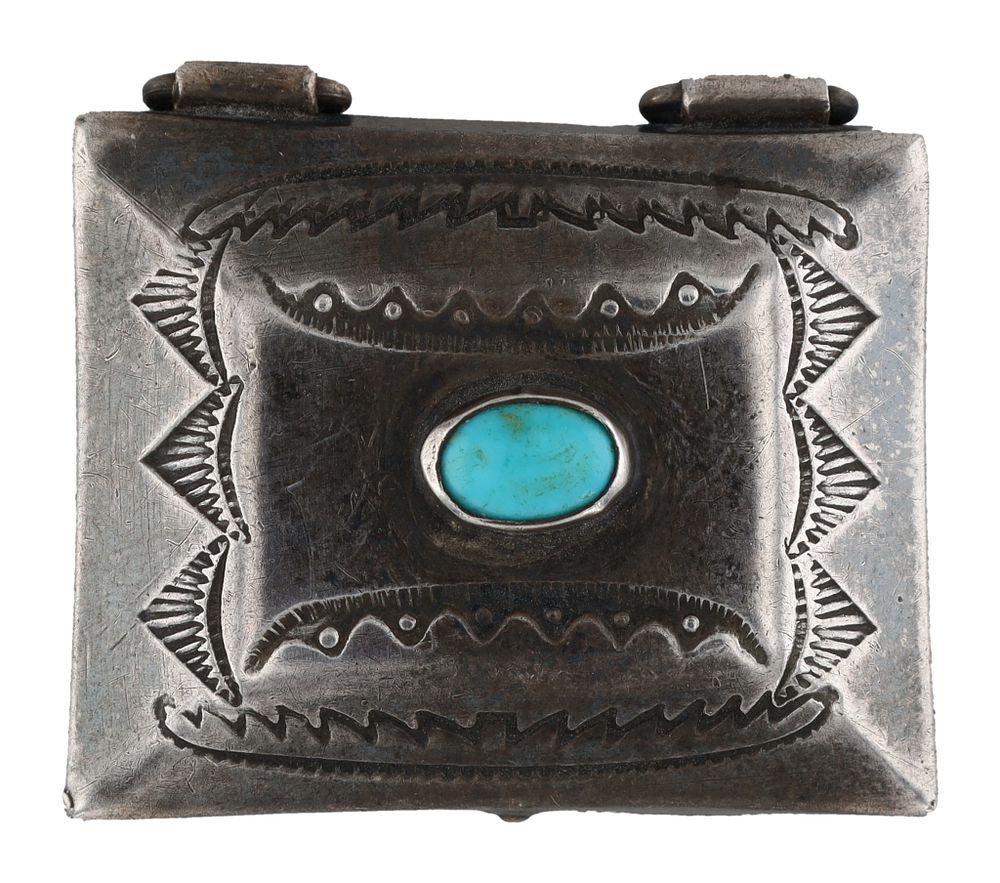 Lot 269: Vintage Navajo Sterling Turquoise Stamped Pill Box