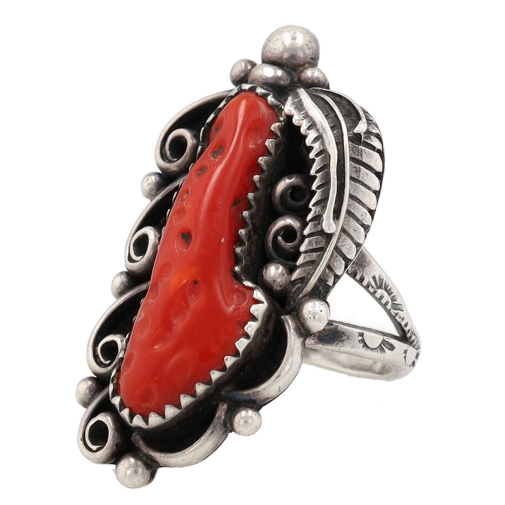 Lot 302: Signed Navajo Sterling Branch Coral Ring Sz 6.5