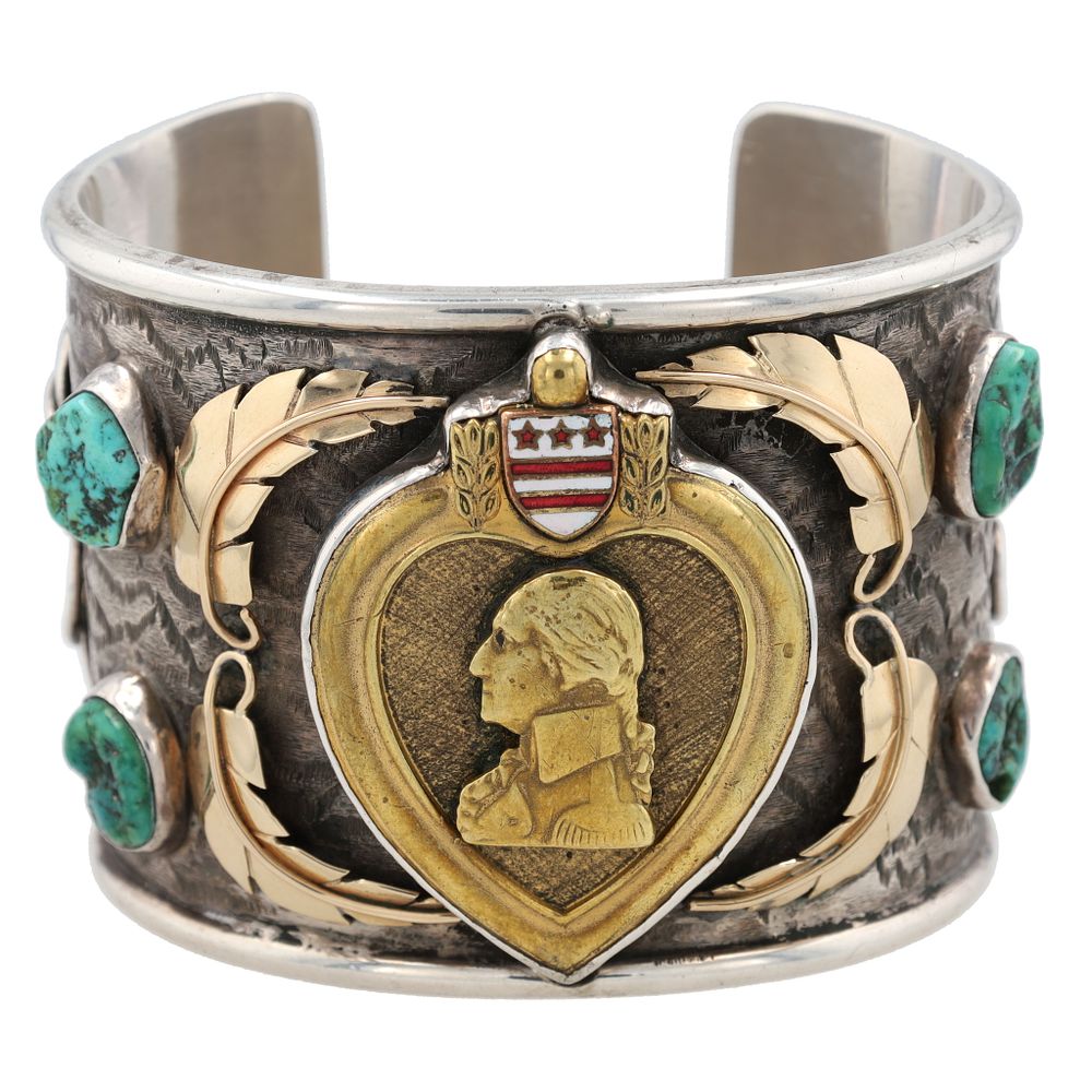 Lot 308: RARE! Signed Navajo Sterling & 14k Gold 'Code Talker' Purple Heart Cuff Bracelet