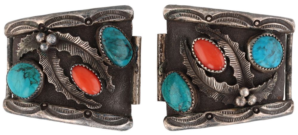 Lot 315: Ivan V Navajo Sterling Turquoise Coral Watch Tips