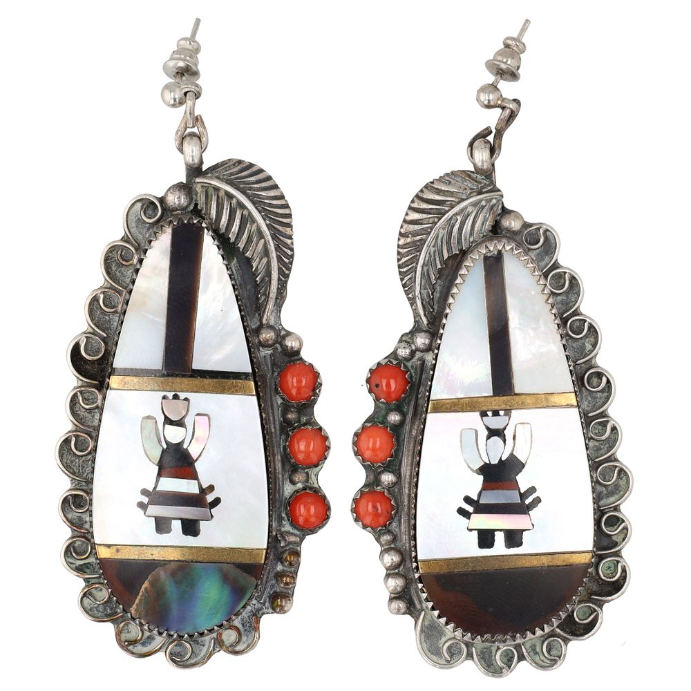 Lot 336: Van Thomas Navajo Sterling Multi Stone Inlay Gaan Dancer Earrings