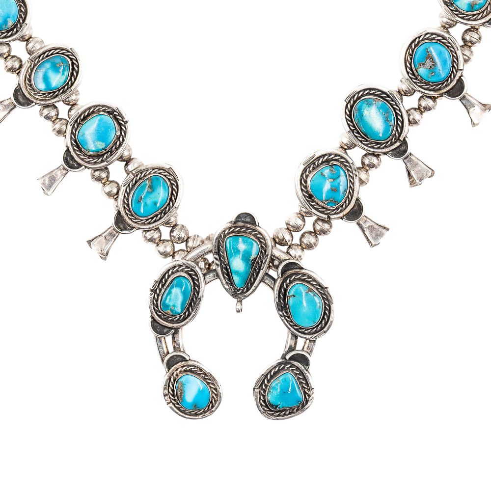 Lot 351: Navajo Sterling Turquoise Squash Blossom Necklace