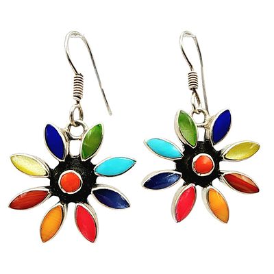 Sterling Taxco TC-45 Colorful Multistone Flower Dangle Earrings 12.5g