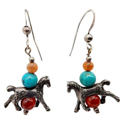 Sterling Artisan Signed Turquoise Horse Dangle Earrings 6.1g