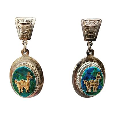 Sterling and 18k Gold Peruvian Vintage Alpaca Turquoise Earrings. Sterling/18k Gold Peruvian 