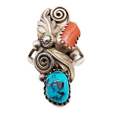 Sterling Navajo Turquoise Coral Spiral Ring Sz 8 5.4g