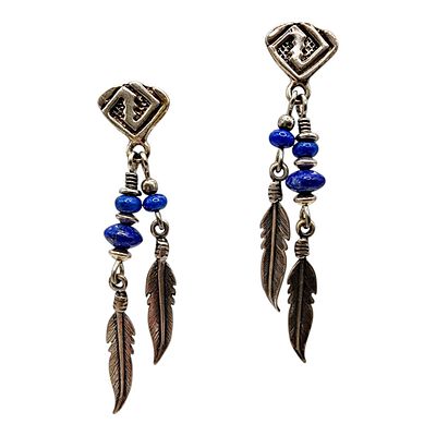 Sterling Southwest Lapis Feather Dangle Earrings 4.6g