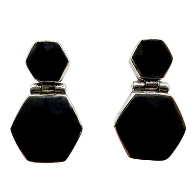 Sterling 950 Taxco TM-181 Hexagon Onyx Drop Earrings 10.6g