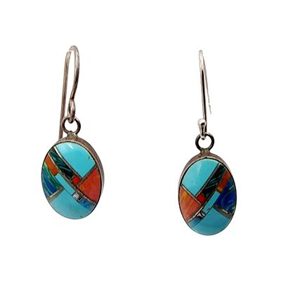 Sterling Navajo Turquoise Inlay Dangle Earrings. Sterling Navajo Turquoise Mosaic Inlay Dangle 