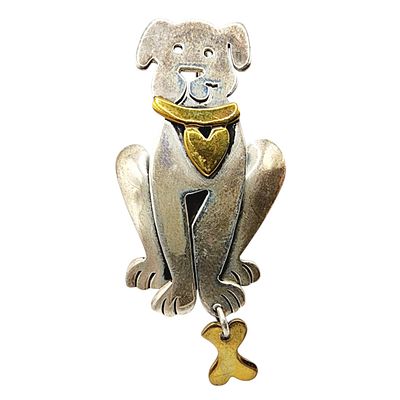 Sterling 'Far Fetched' Dog w/ Dangle Bone Brooch 6.6g