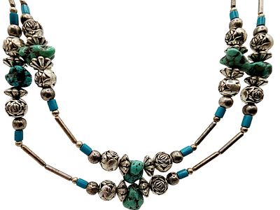 Sterling Liquid Silver Double Strand Turquoise Microbead Necklace 14.1g