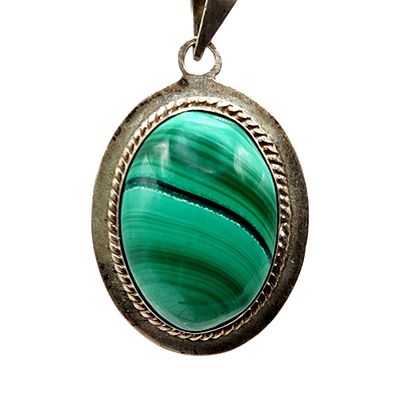 Sterling Signed Southwest Malachite Oval Pendant 13.1g