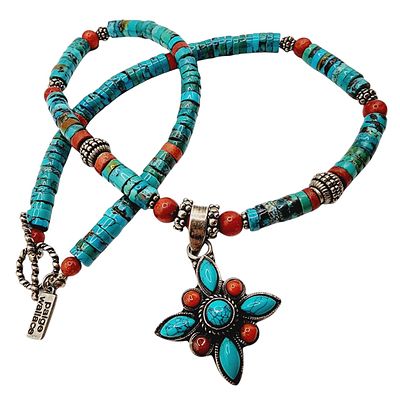Sterling Paige Wallace Southwestern Turquoise Coral Heishe Necklace 42g