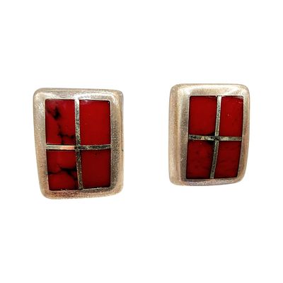 Sterling Red Jasper Window Block Stud Earrings 10.8g