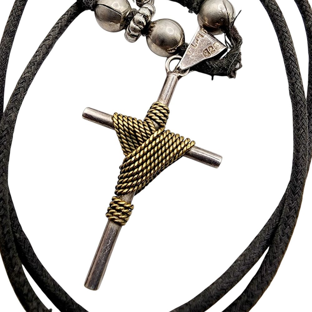 Lot 180: Sterling Signed Laton Taxco TL-76 Wrapped Cross Pendant with Black Beaded Cord