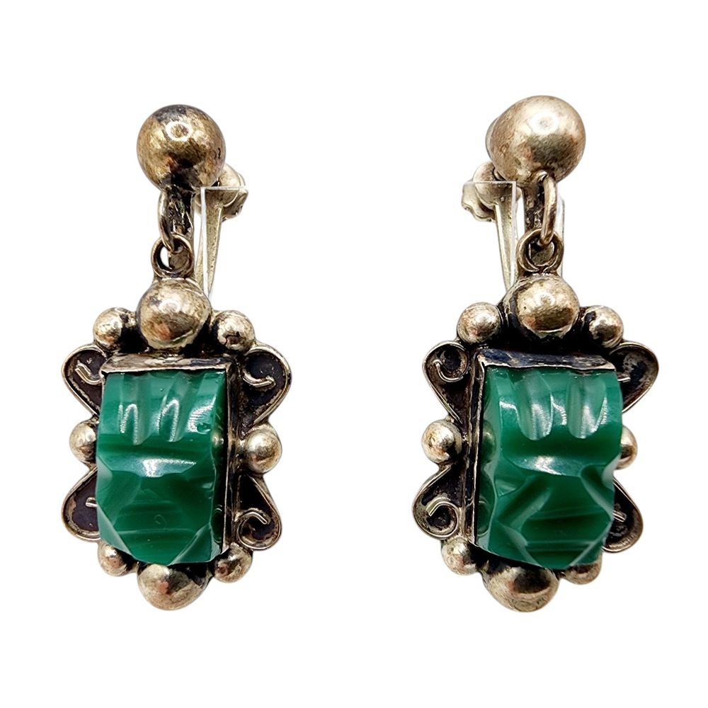 Lot 185: Signed Vintage Carved Alpaca Jade Aztec Warrior Dangle Earrings