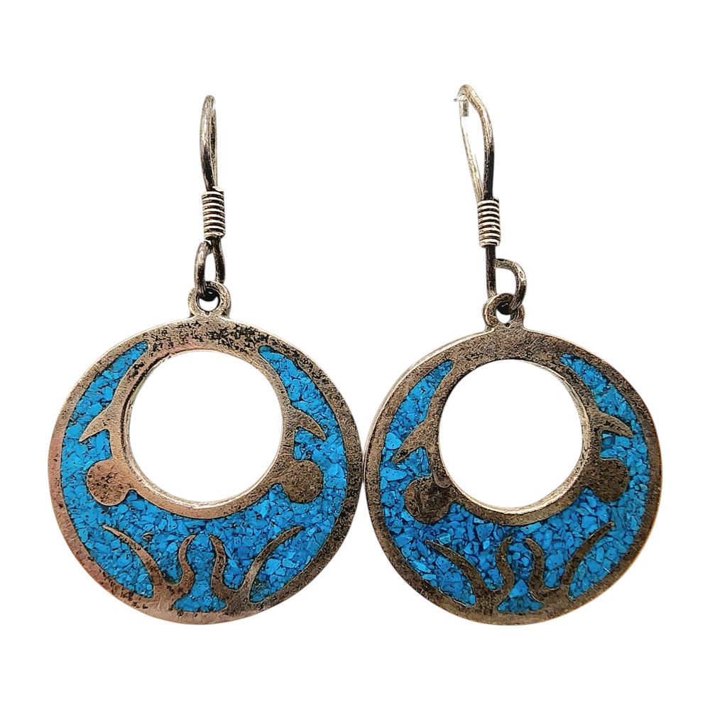 Lot 187: Sterling Taxco TM-276 Crushed Turquoise Dangle Earrings