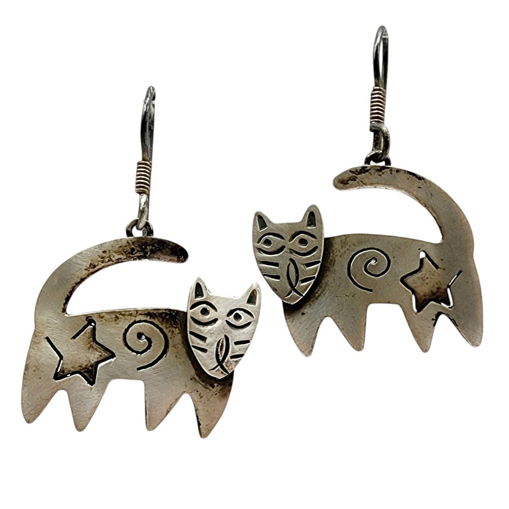 Lot 233: Sterling Taxco TL-31 Modernist Cat Star Swirl Dangle Earrings