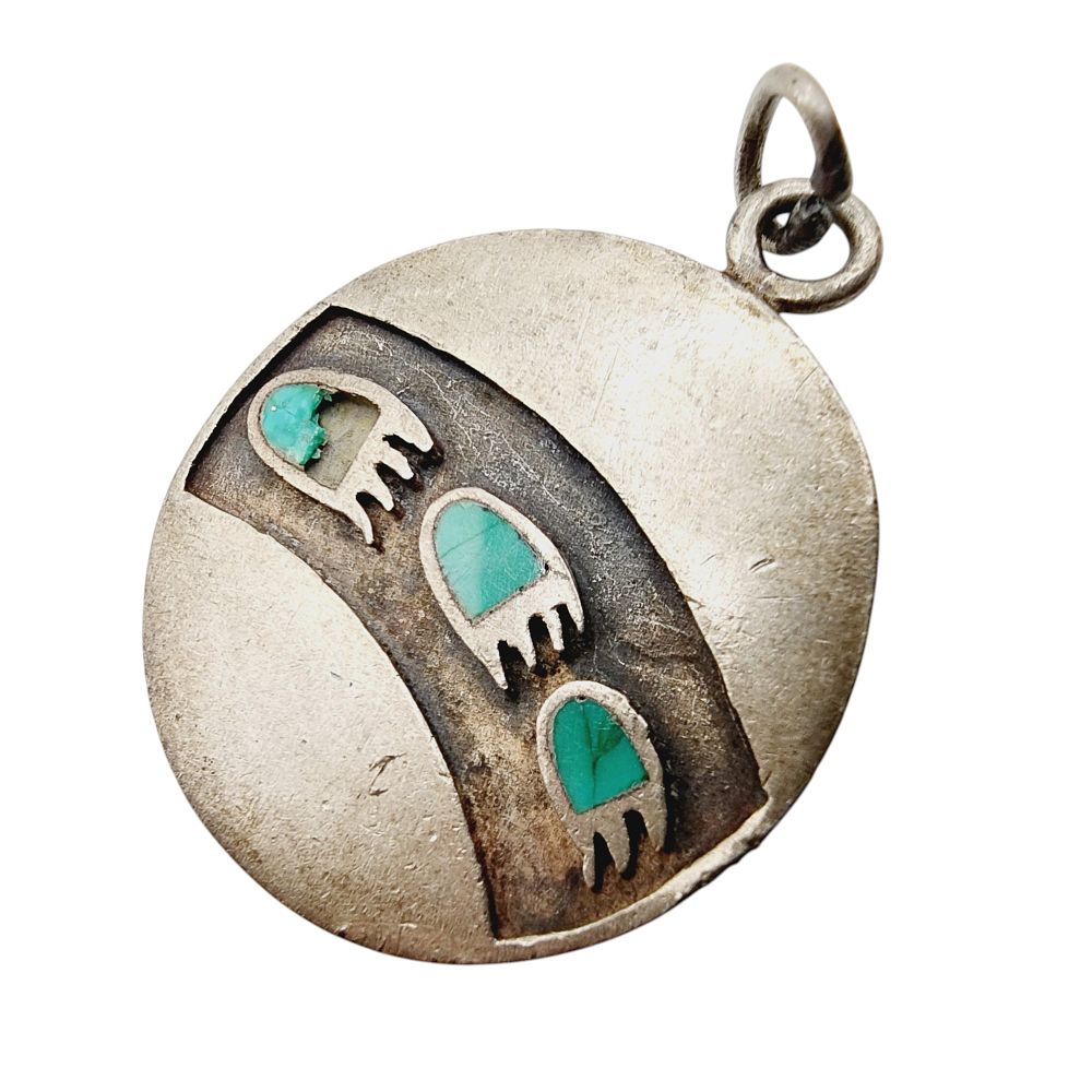Lot 363: Sterling Vintage Navajo Bear Paw Turquoise Inlay Pendant