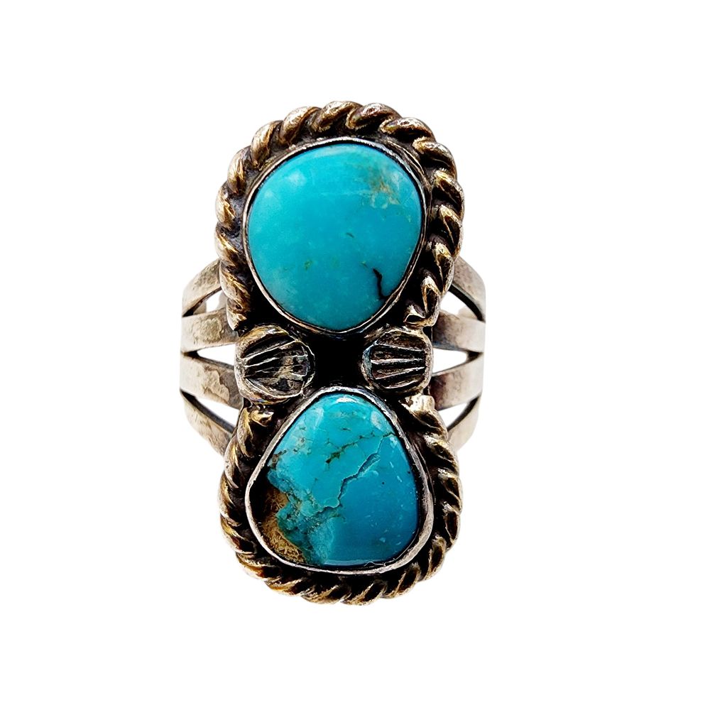 Lot 395: Sterling Delbert Chatter Double Turquoise Ring Sz 8.5