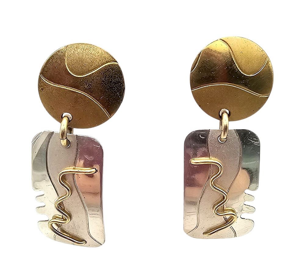 Lot 164: Badman Sterling Silver Brass Modernist Drop Dangle Earrings 5.5 G