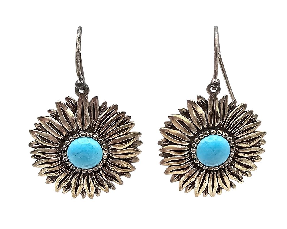 Lot 166: A Turquoise Sterling Silver Sunflower Drop Dangle Earrings 8.5 G